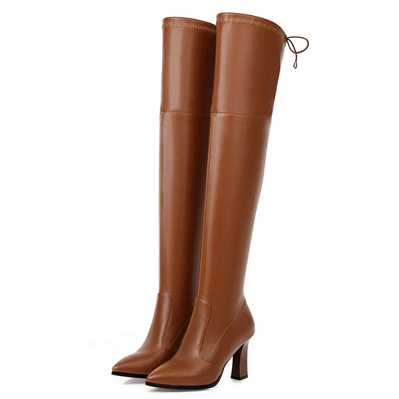 Guipure Lace Panel - ยืดหยุ่นต้นขาสูงรองเท้าผู้หญิงรองเท้าเซ็กซี่ Slim ยาวกว่าเข่า BOOT หญิงแฟชั่นสีน้ําตาลเงินสีดําฤดูหนาวรองเท้าขนาด 45