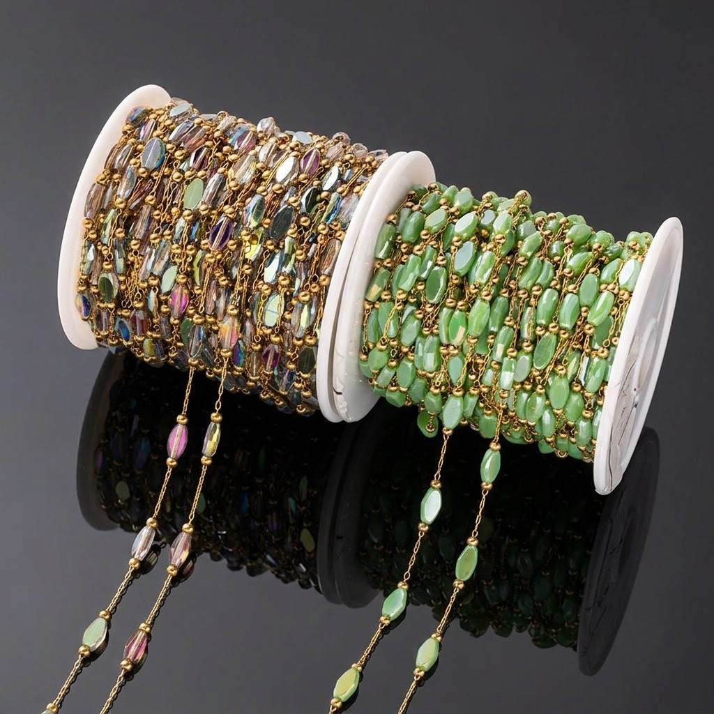 Pearl Trim Chain - โซ่สแตนเลสสตีลสีทองประดับคริสตัลรูปทรงข้าวหลามตัด ยาว 1 เมตร สำหรับทำสร้อยข้อมือ สร้อยคอ