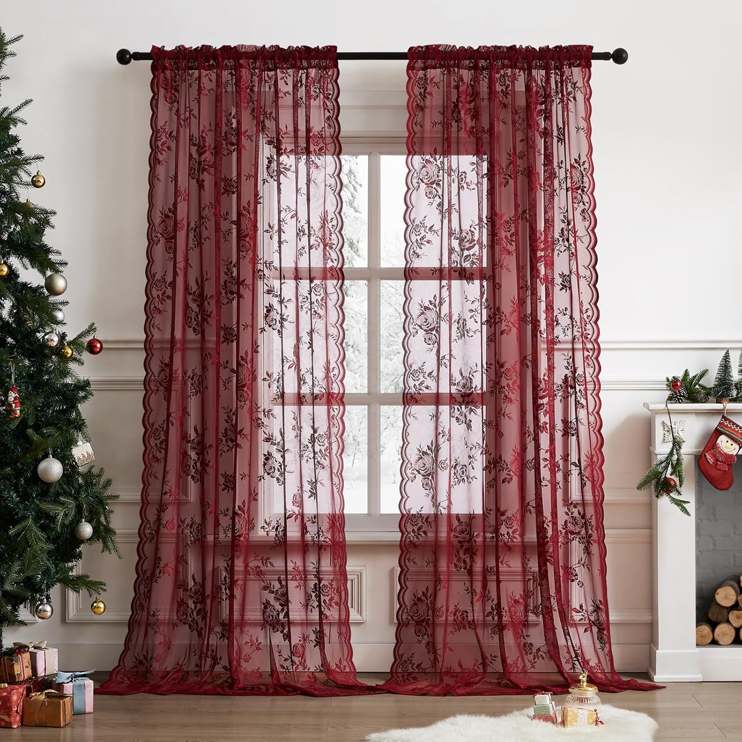 1 PC Burgundy ลูกไม้ผ้าม่าน 45 - Guipure Lace Panel บทวิจารณ์และราคา