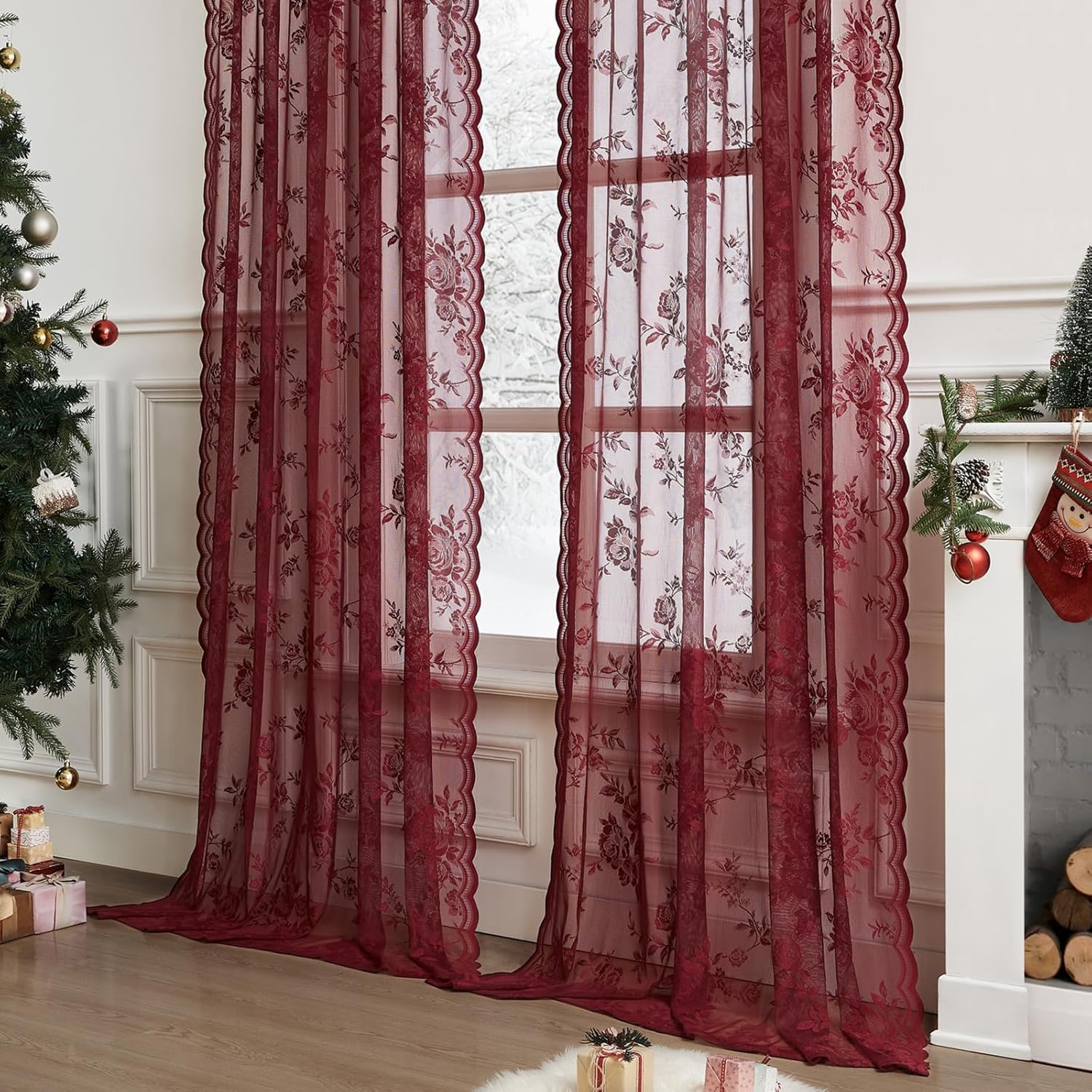 1 PC Burgundy ลูกไม้ผ้าม่าน 45 - Guipure Lace Panel บทวิจารณ์และราคา