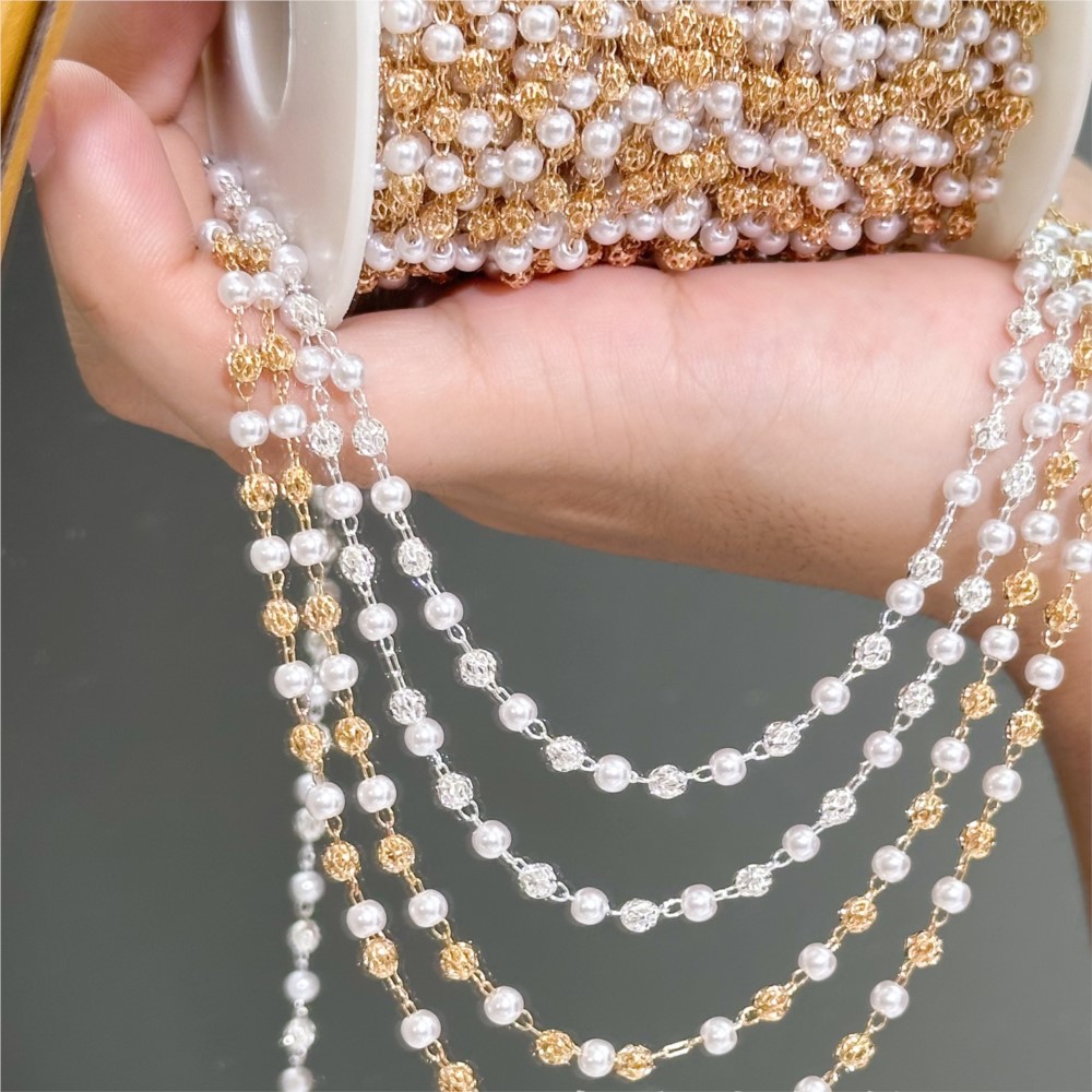 โซ่ทองเหลืองประดับมุกเทียมขนาด - Pearl Trim Chain บทวิจารณ์และราคา